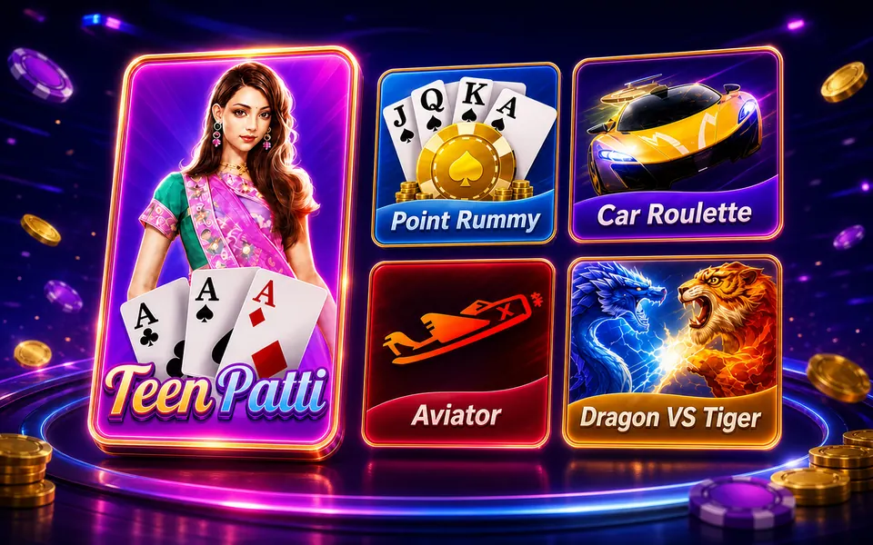 Teen Patti Master featured game modes including Teen Patti, Point Rummy, Car Roulette, Aviator and Dragon VS Tiger